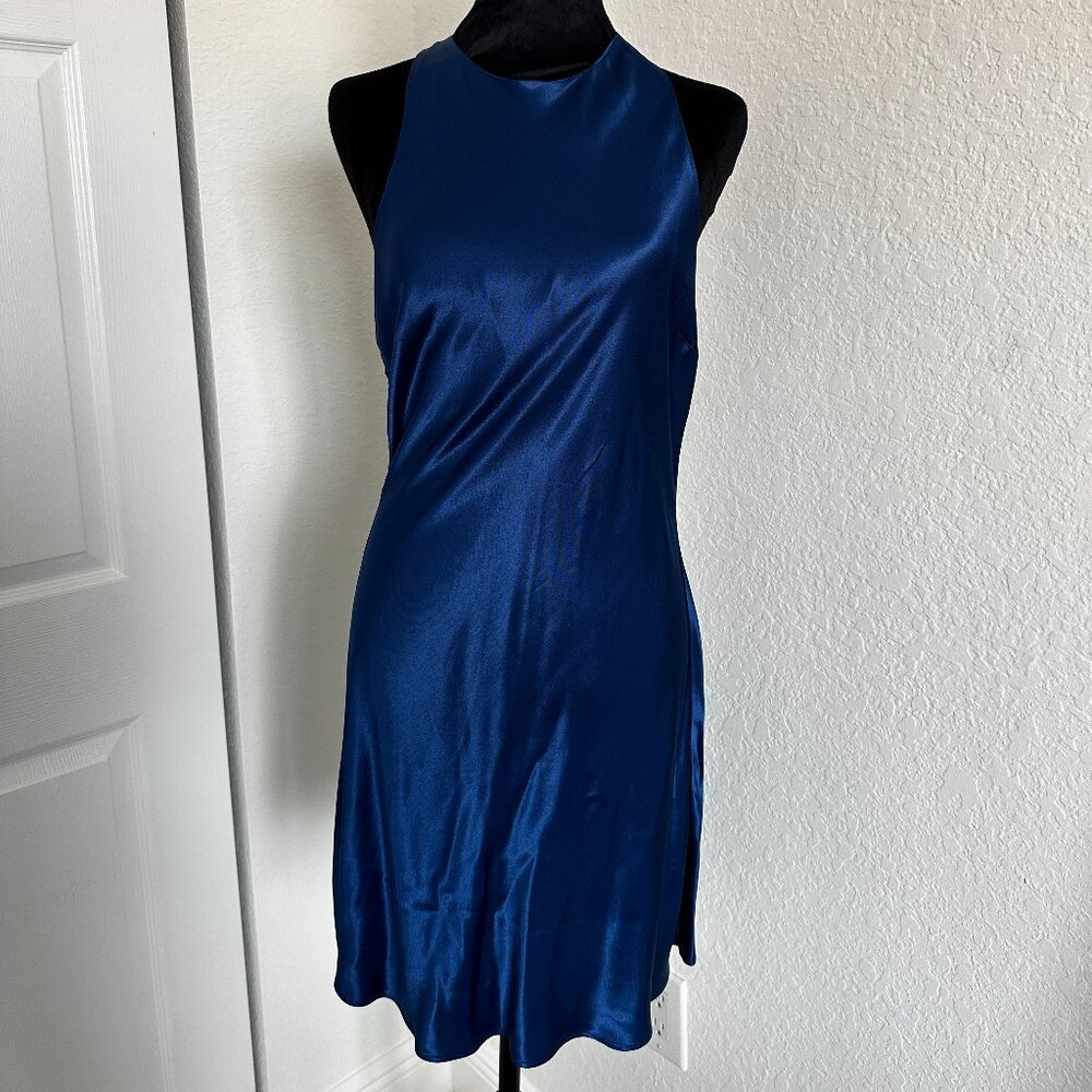 ZARA Blue Satin Mini Dress with Rhinestone Back Size L